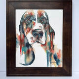 Bold colored watercolor basset on canvas with soulful eyes
