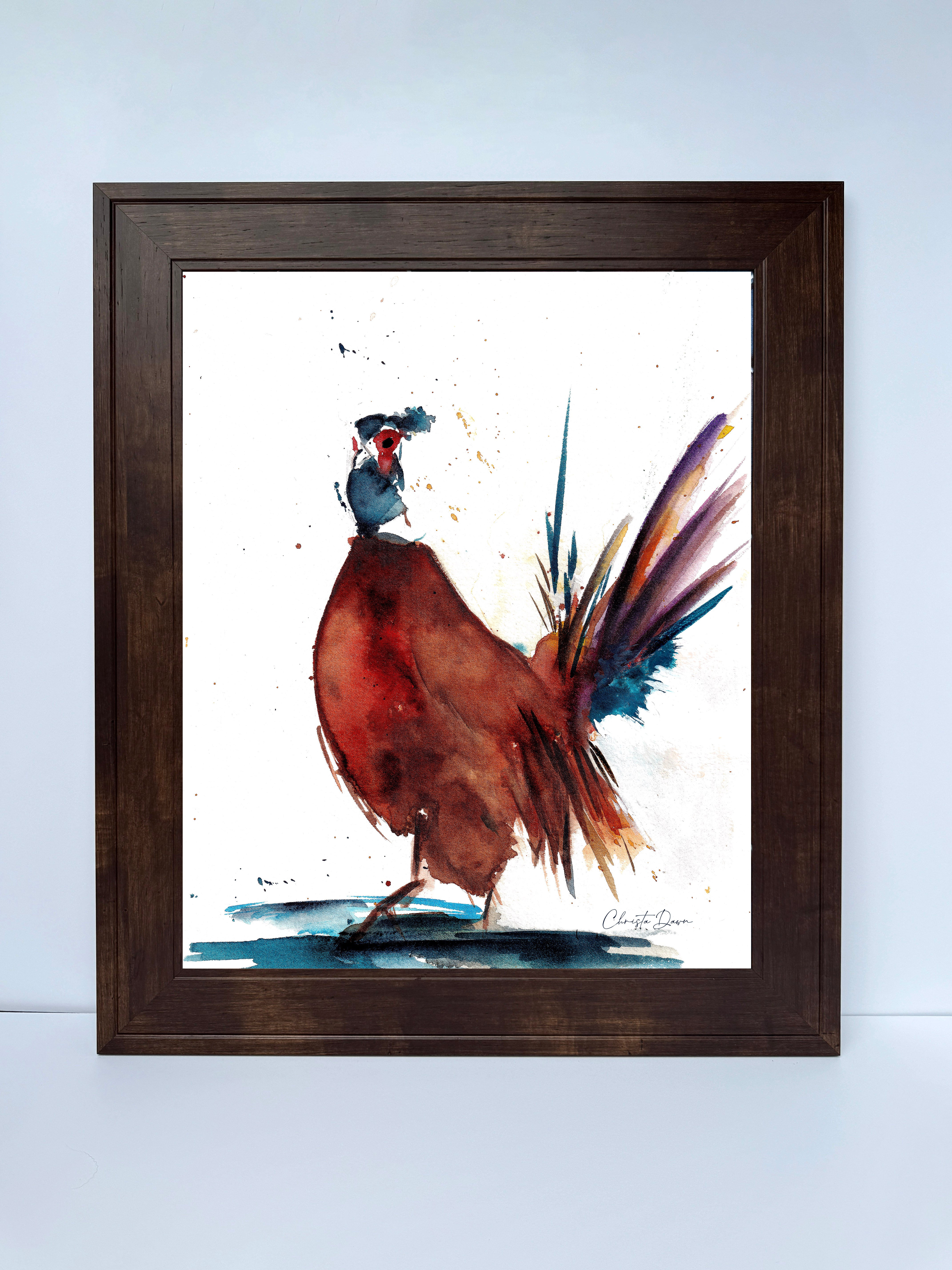 Bold colored watercolor pheasant on canvas