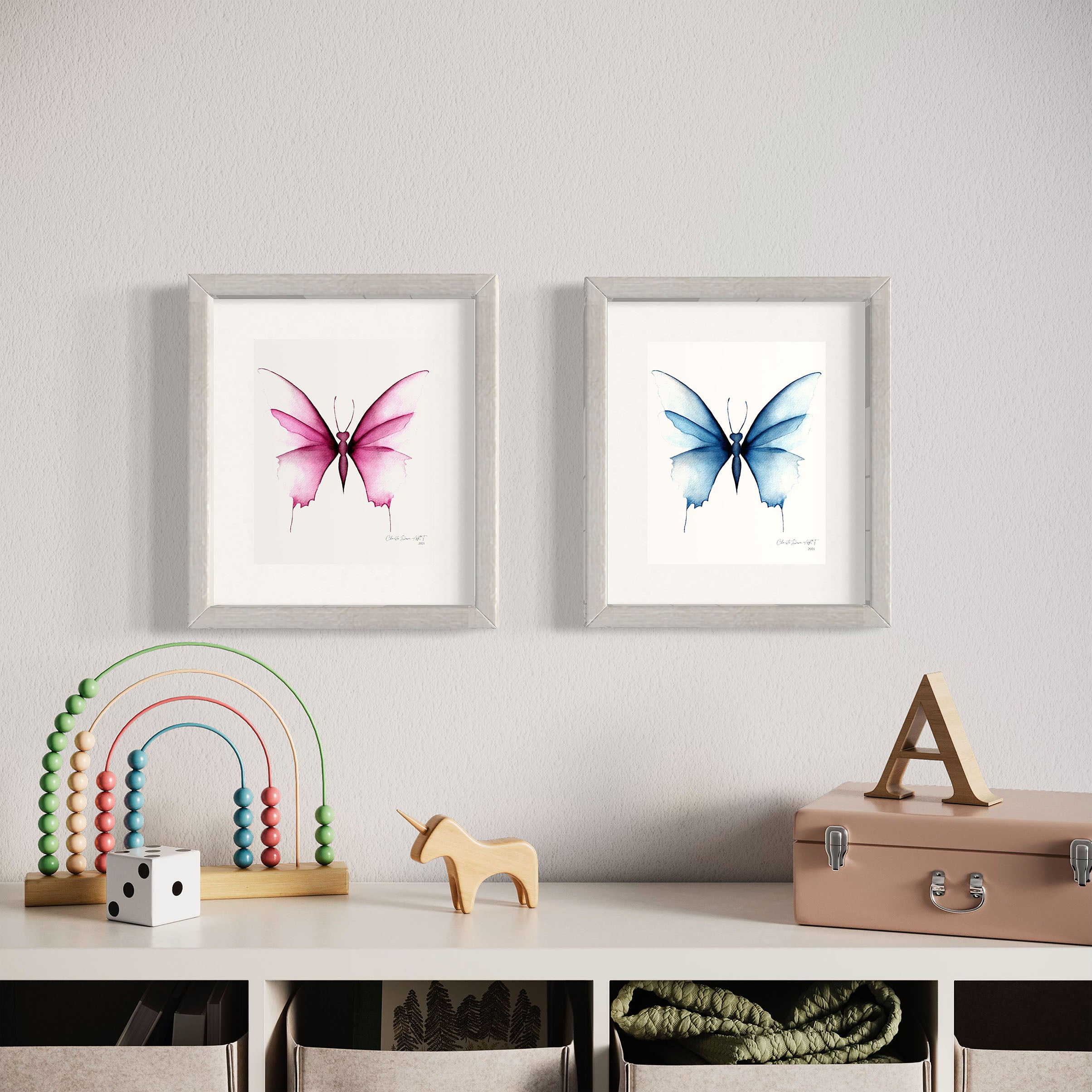 Custom Watercolor Paintings_Pink & Blue Butterflies_Nursery Decor_Tulsa