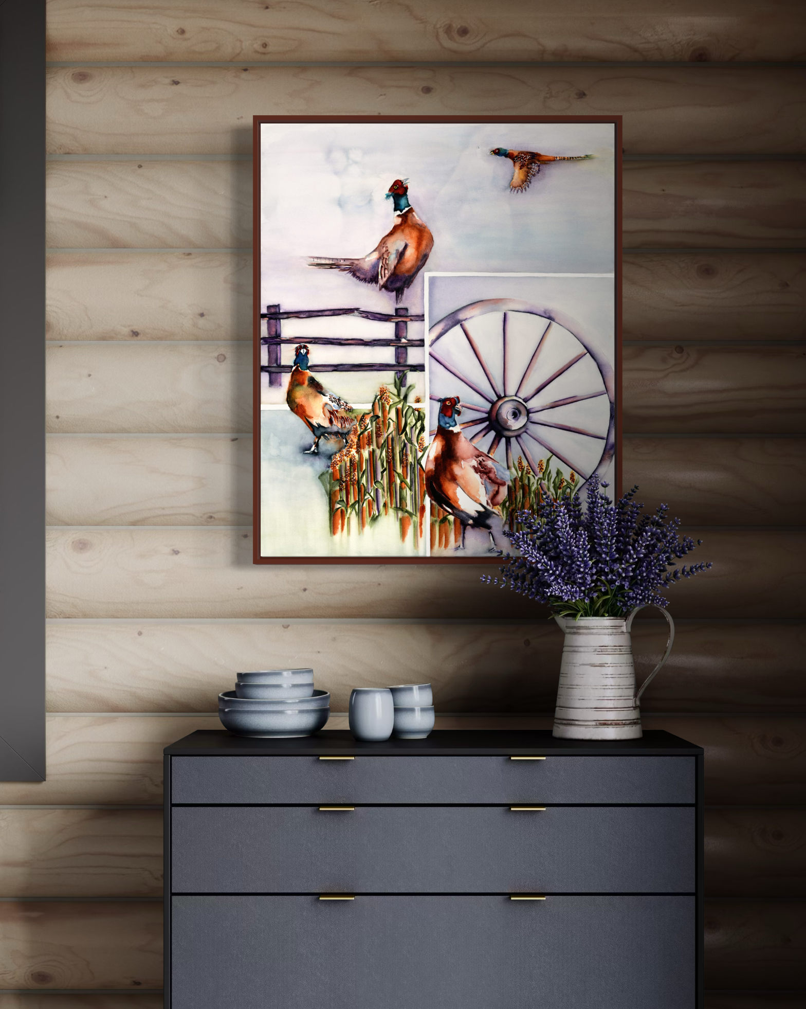 Watercolor Painting of Pheasants in Sorghum Field