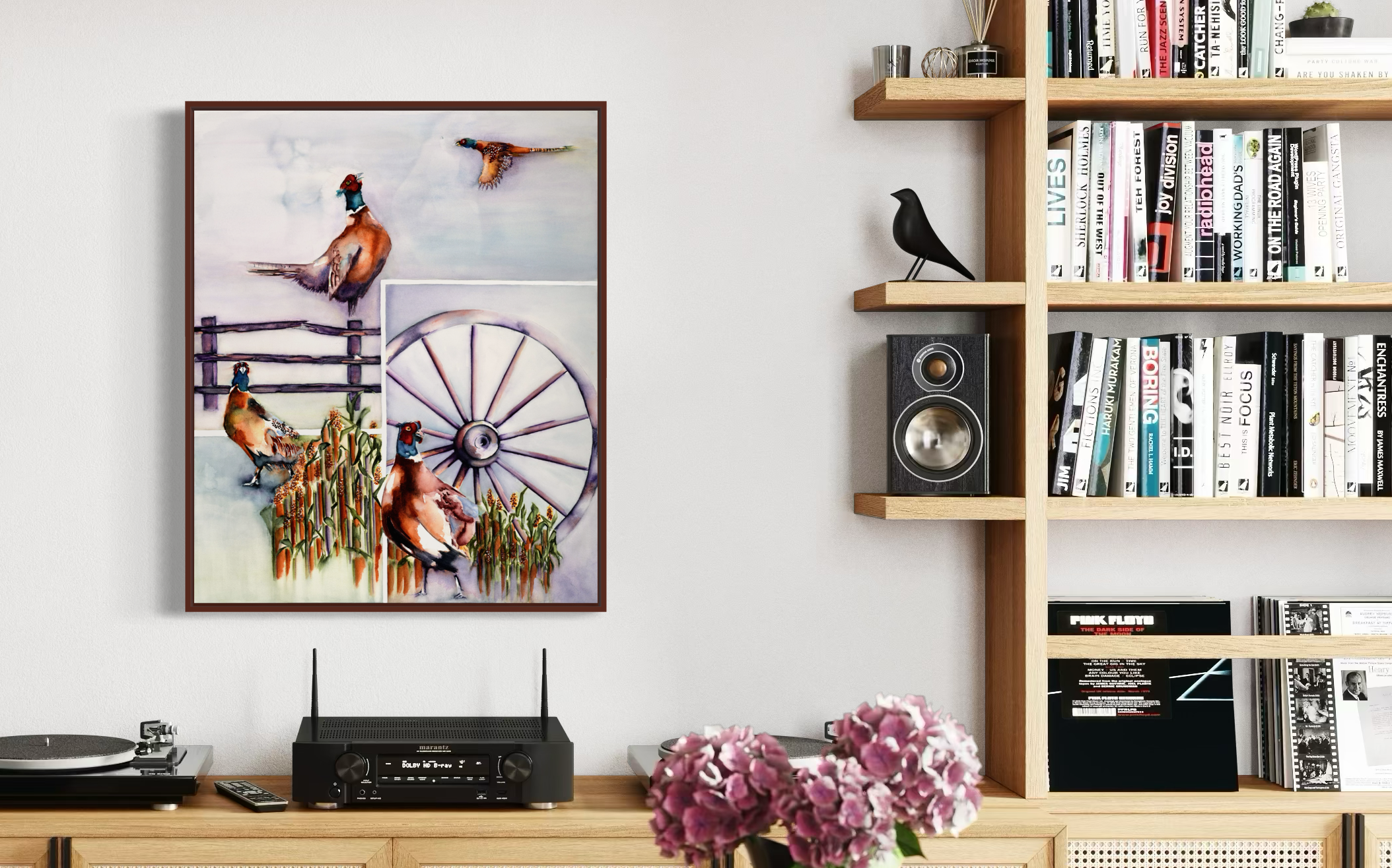 Watercolor Painting of Pheasants in Sorghum Field with wagon wheel