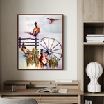 Watercolor Painting of Pheasants in Sorghum Field with wagon wheel