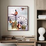 Watercolor Painting of Pheasants in Sorghum Field with wagon wheel