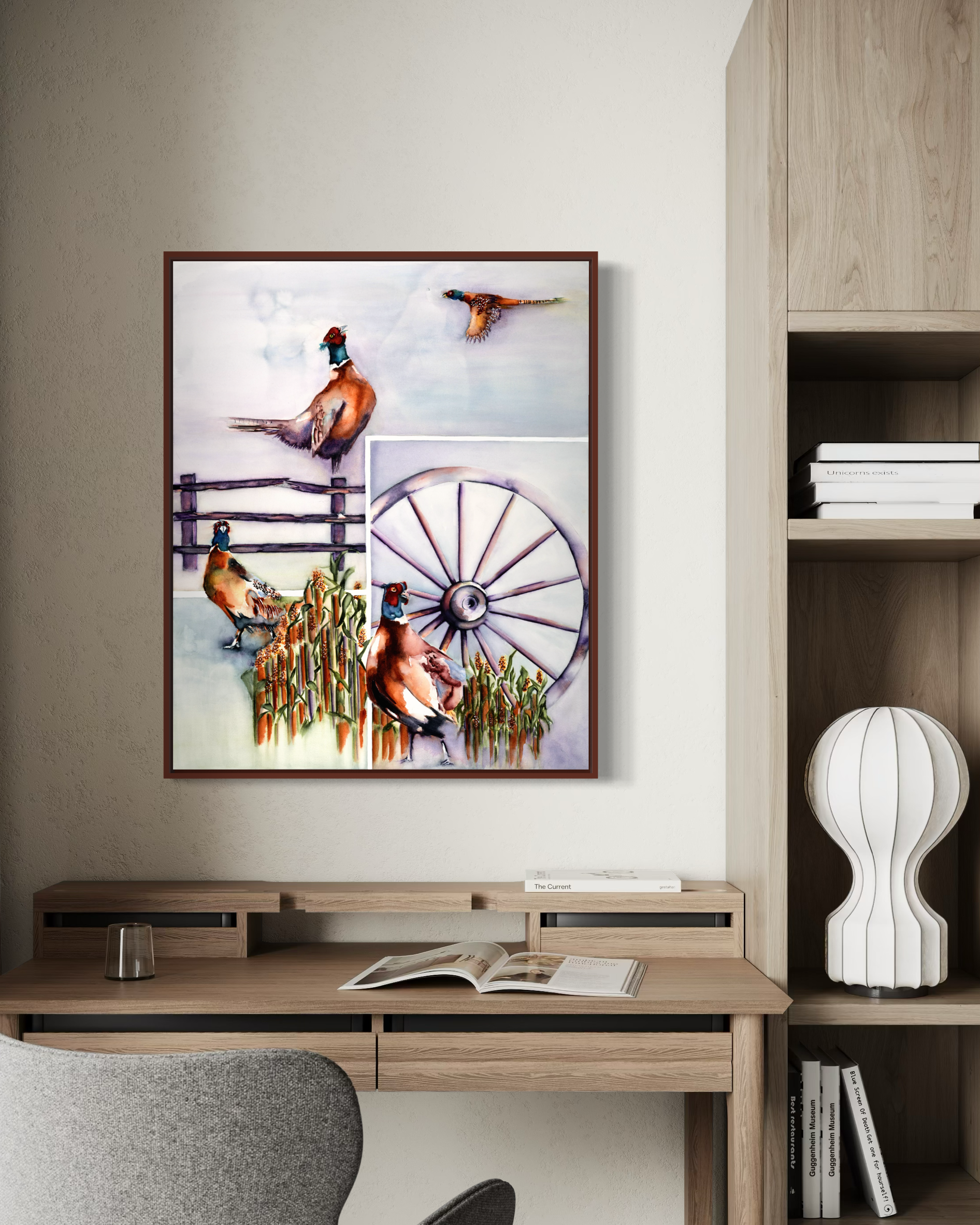 Watercolor Painting of Pheasants in Sorghum Field with wagon wheel