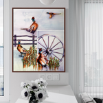 Watercolor Painting of Pheasants in Sorghum Field with wagon wheel