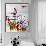 Watercolor Painting of Pheasants in Sorghum Field with wagon wheel