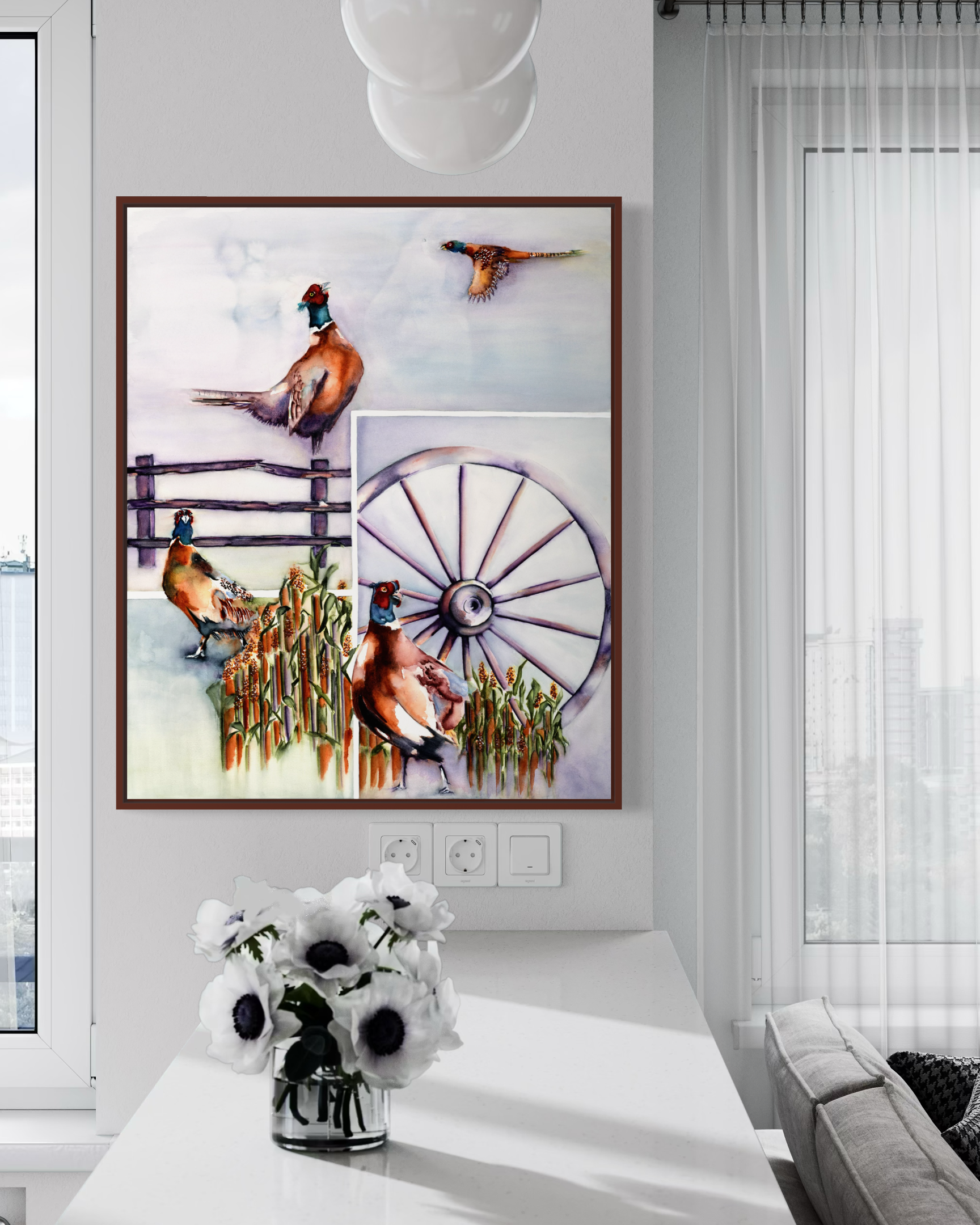 Watercolor Painting of Pheasants in Sorghum Field with wagon wheel