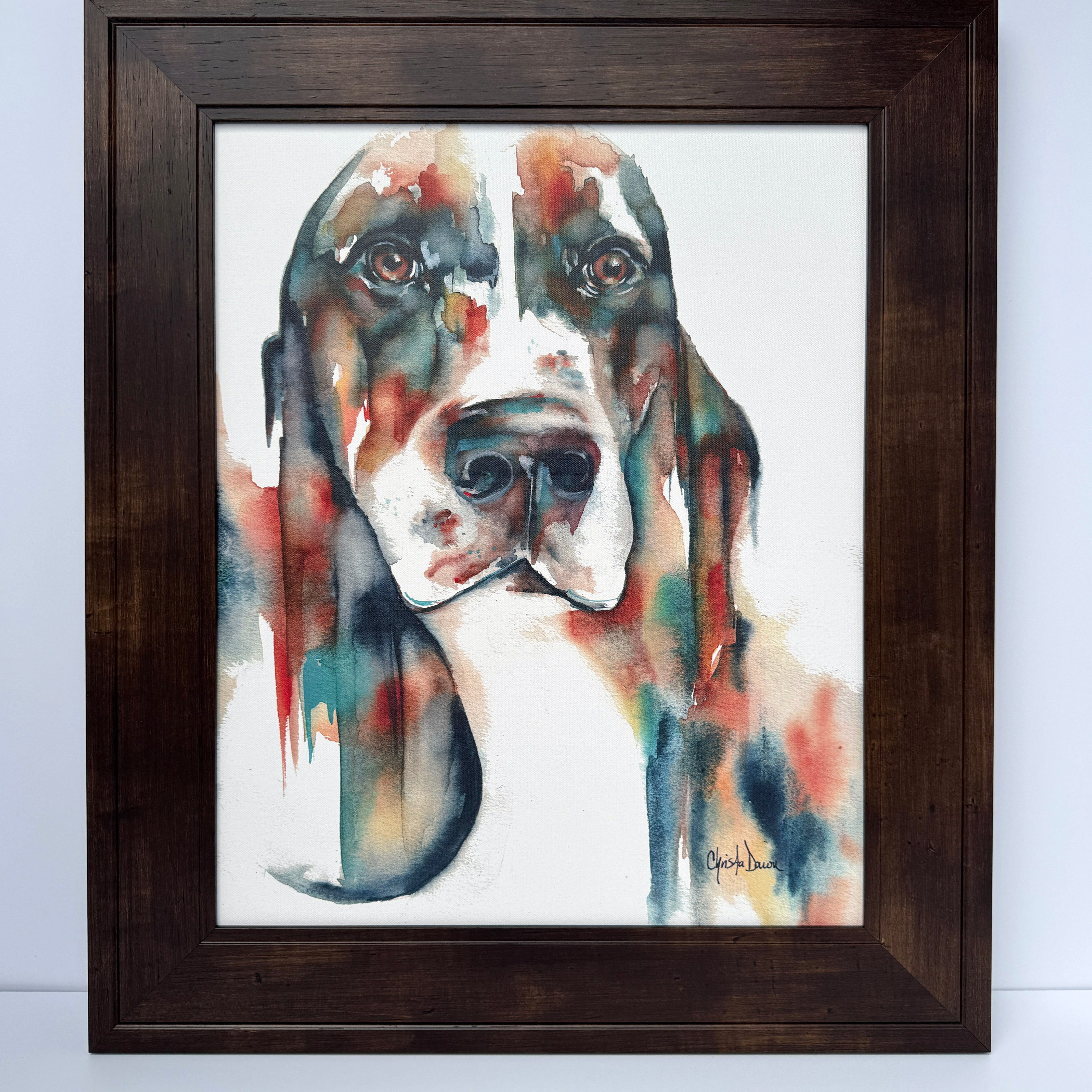 Bold colored watercolor basset on canvas with soulful eyes