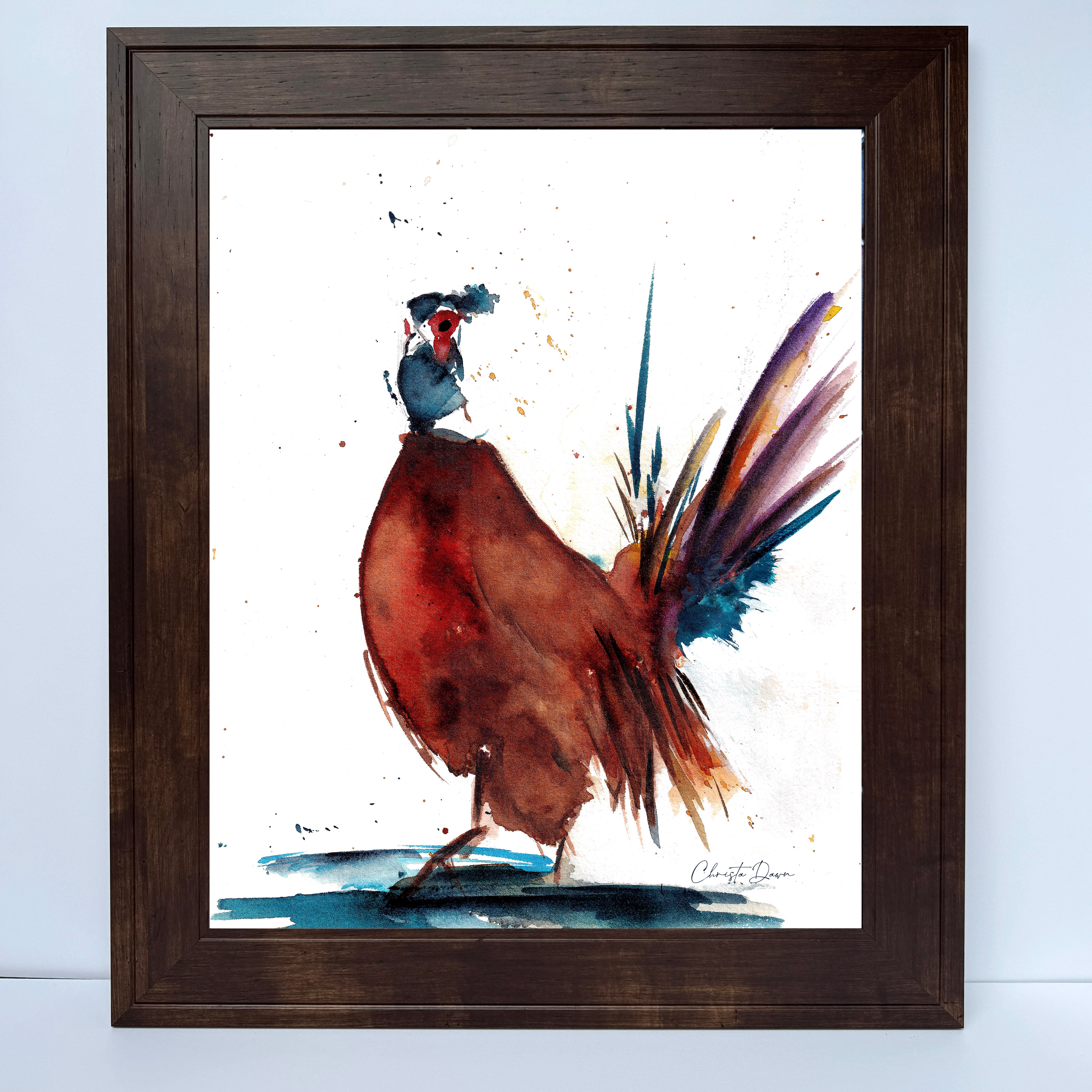 Bold colored watercolor pheasant on canvas
