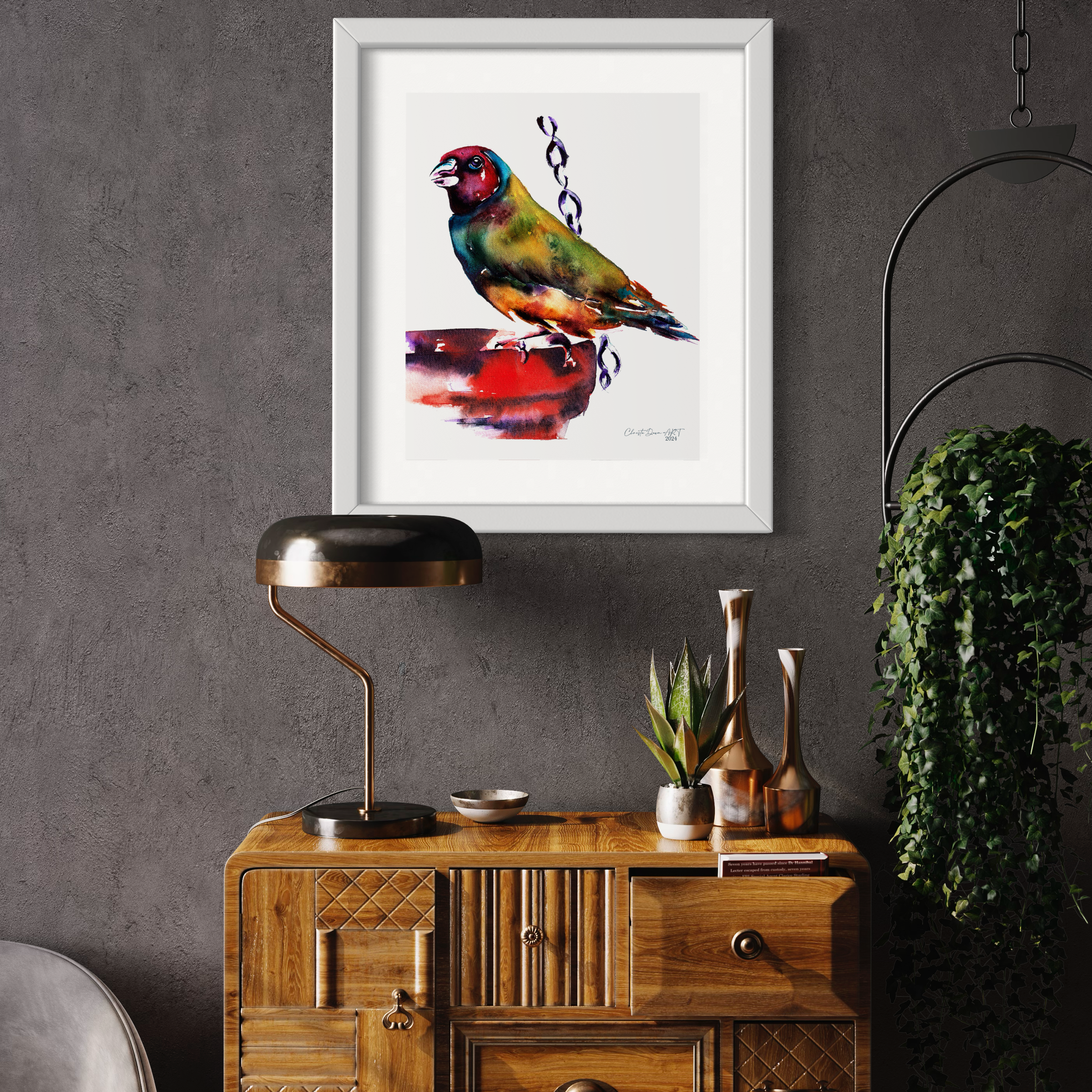 Brightly colored Watercolor Bird Print at Water Bowl