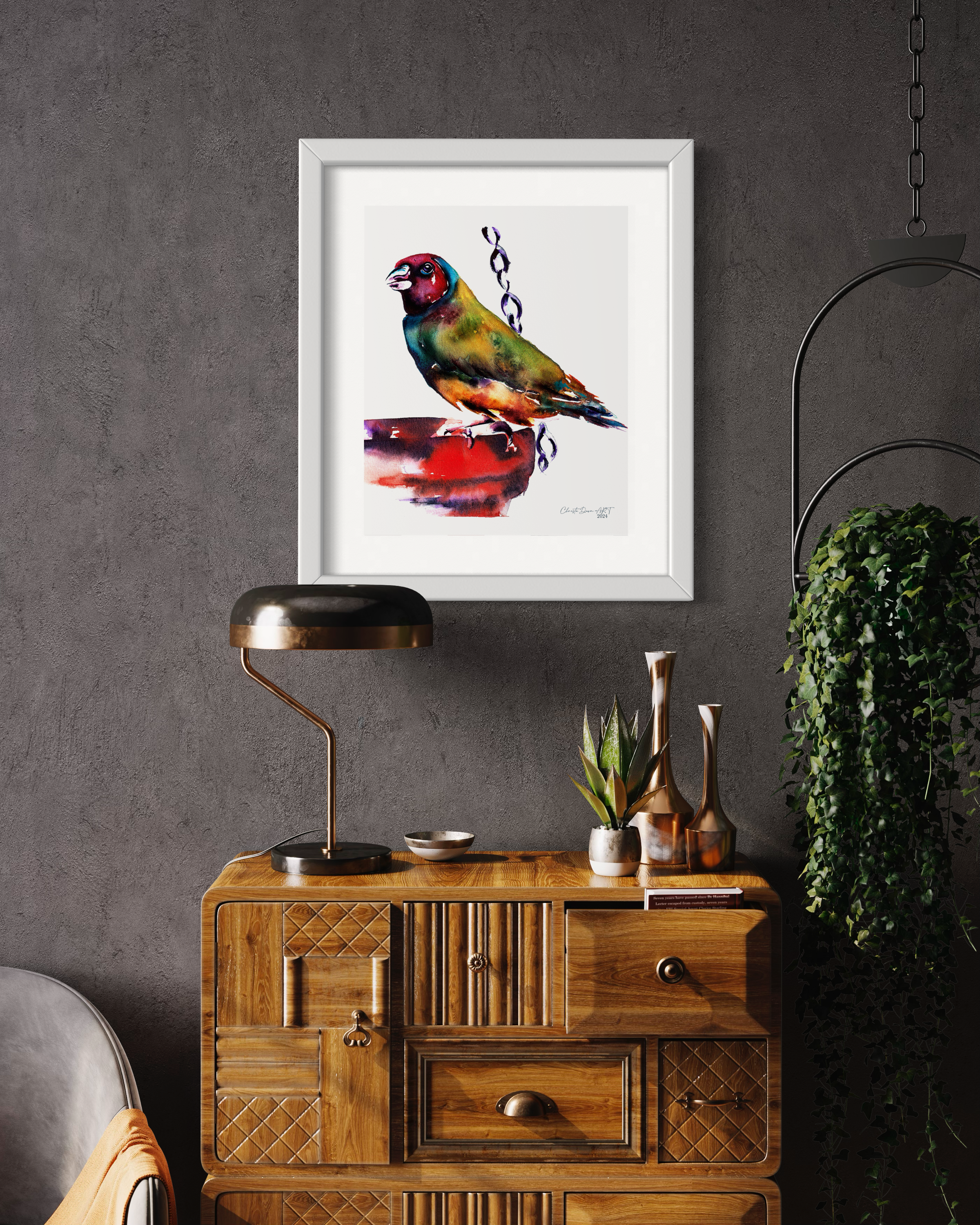 Brightly colored Watercolor Bird Print at Water Bowl