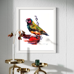 Colorful Watercolor Bird Print at Water Bowl