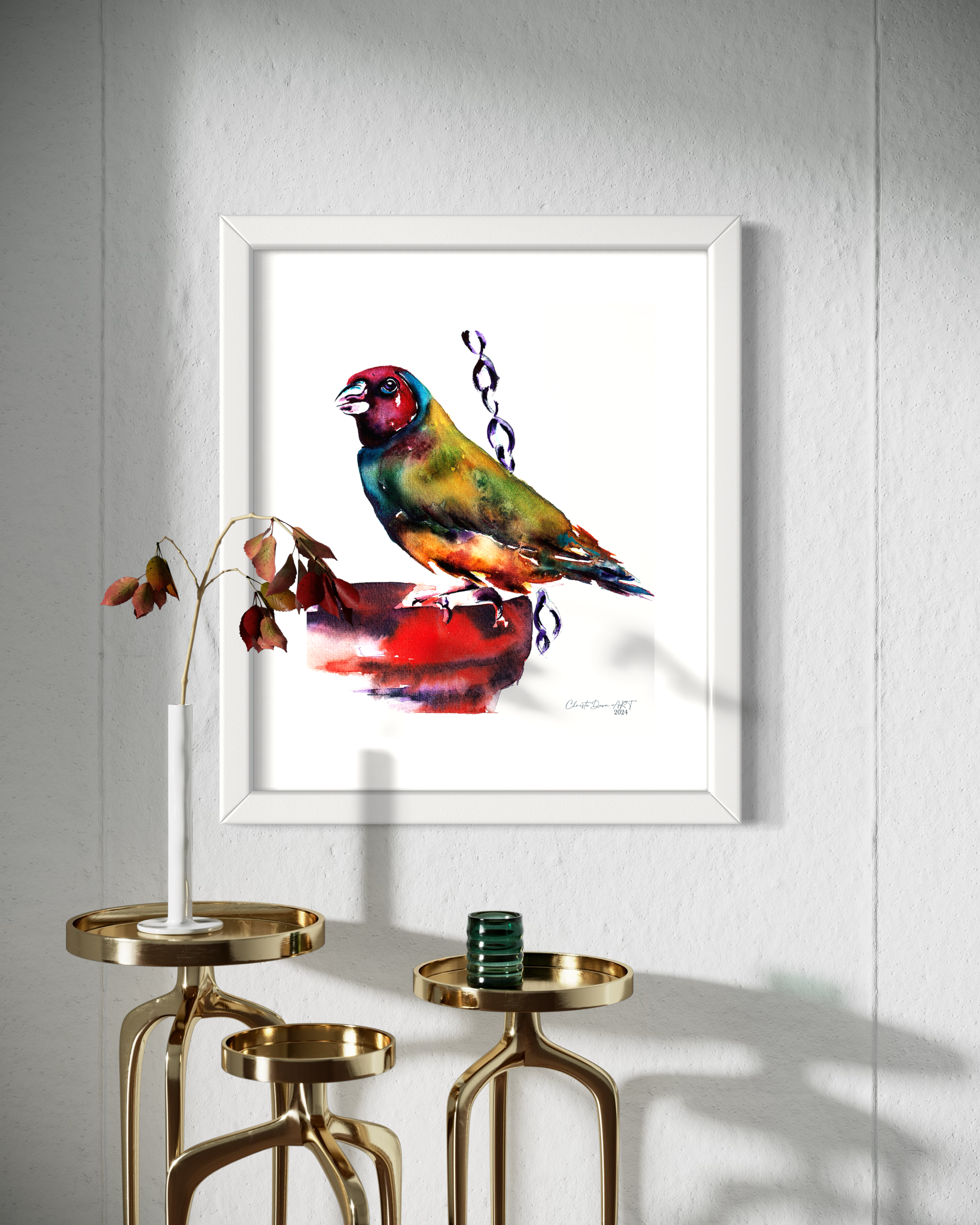 Colorful Watercolor Bird Print at Water Bowl